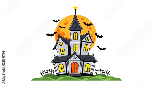 Haunted House Halloween: Spooky scene with an eerie haunted house at night, illuminated by the glow of moon and shadows. The illustration conveys the atmosphere of mystery and thrill. 