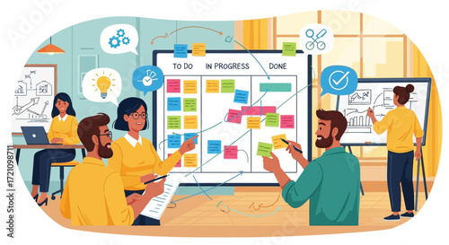 Team collaborates on project using Kanban board.