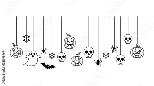 Spooky Hanging Decorations: A minimalistic, vector illustration of various Halloween ornaments, including grinning pumpkins, ghostly specters, skull, spider and bat.