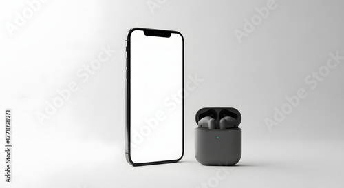 Modern Tech Trio: A sleek smartphone and wireless earbuds, presented in a minimalist style, embody the essence of contemporary technology and seamless connectivity.