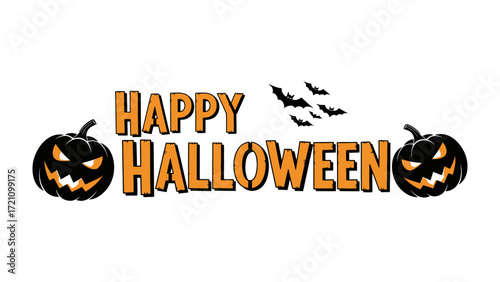 Spooky Halloween Celebration: A festive greeting card design announces Happy Halloween, flanked by intricately carved jack-o'-lanterns, silhouetted bats in flight, and vibrant colors.