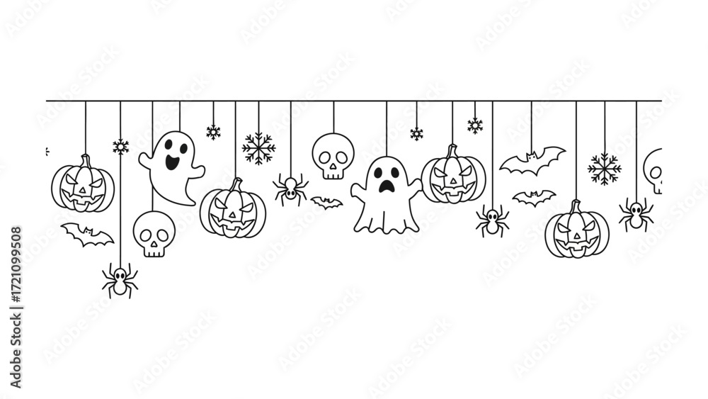 Obraz premium Halloween Decor: A charming illustration of hanging Halloween decorations, with carved pumpkins, spooky ghosts, spiders, skulls, and bats, embodying the playful spirit of the holiday. 