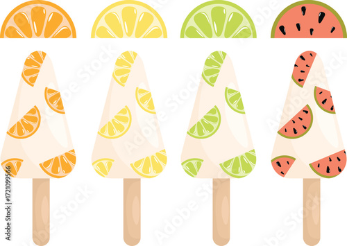 Ice cream. A set of citrus fruits: lime, watermelon, orange, and lemon, sliced ​​into round shapes. Vector illustration on a white background.
