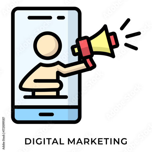Colored Icon of Digital Marketing Showing User on Smartphone Screen Announcing with Megaphone
