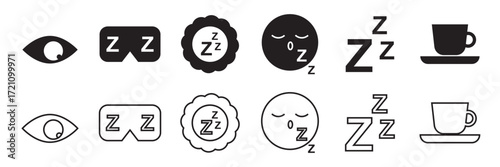 Set of  sleep and bedtime icons. Collection of editable line stroke icons representing sleep, bedtime, rest, relaxation, dreams, beds, pillows, alarms, and nighttime essentials.


