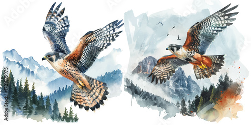 flying hawk with mountain lanscape watercolor vector illustration
