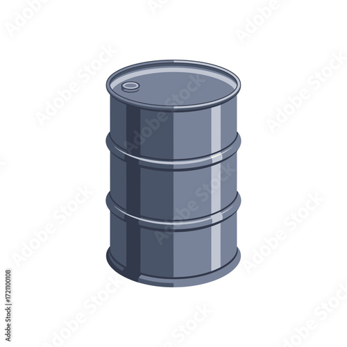 Industrial metal barrel or oil drum, a sturdy gray container for liquid storage and transportation, isolated on white background