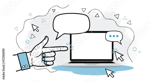 Hand pointing at a laptop screen with speech bubbles and mouse cursors, representing online communication and digital interaction.