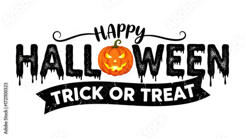 Spooky Halloween Greeting: Captivating Halloween-themed lettering, a glowing pumpkin, and a call for trick or treat create an eerie and festive visual.