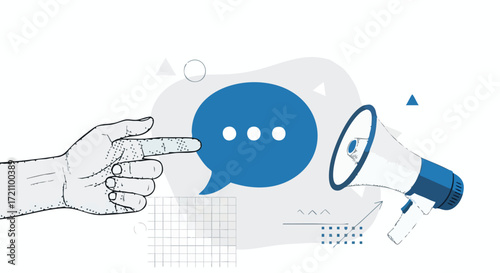 Illustration of a hand pointing at a speech bubble next to a megaphone, suggesting communication or announcement.