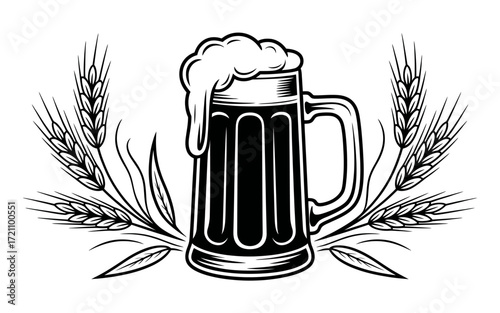 Retro Beer Mug with Wheat Illustration Perfect for Brewery Branding and Oktoberfest Design Elements