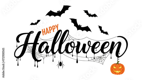 Happy Halloween: a visually stunning illustration with bat silhouettes, spiderwebs and jack-o-lantern to evoke sense of holiday.