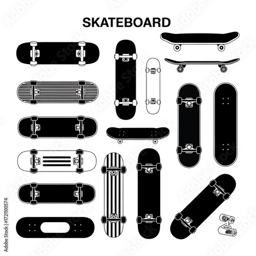 Collection of Skateboard Designs Black and White Vector Illustration Skateboarding Equipment Various Shapes and Styles Sport and Recreation Theme Urban Culture Graphics