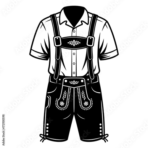 Oktoberfest Outfit Lederhosen and Shirt Traditional Bavarian Costume Black and White Vector Illustration Celebrating German Culture and Heritage