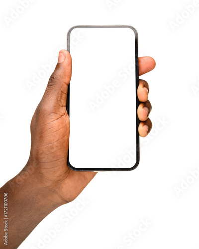 A human hand holding a modern smartphone vertically with a blank black screen, isolated on a transparent background, symbolizing technology, communication, and connectivity.