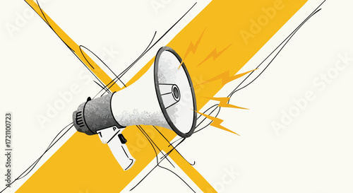 Stylized illustration of a megaphone crossed out with a large yellow X, symbolizing censorship, protest, or silencing.