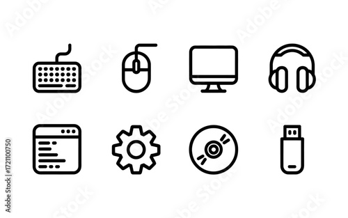 Collection of Vector Outline Computer Icons for Website Design and Development illustrating Input Devices and Software Utilities