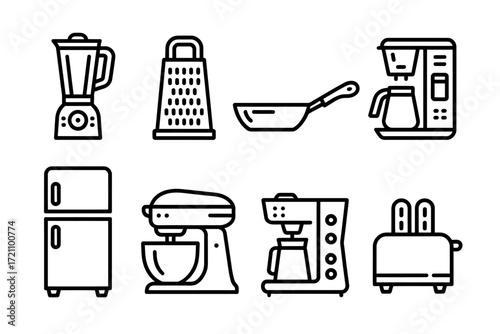 Outline kitchen appliances including blender grater frying pan coffee maker refrigerator mixer and toaster in minimalist design