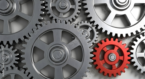 Close‑up of interlocking metal gears with one red gear highlighting teamwork, process optimization and mechanical innovation