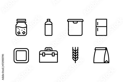 Food storage and transport icon set kitchen fridge lunch box water bottle jar isolated on white background