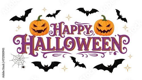 Spooky Halloween Scene: Festive Halloween illustration featuring grinning jack-o'-lanterns, bats in flight, a spider web, and decorative elements creating a perfect spooky seasonal scene.