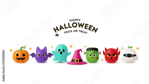 Spooky Halloween Character: Cute Halloween characters, including a pumpkin, a bat, a ghost, a witch's hat, and other Halloween-themed elements with a happy Halloween banner. 