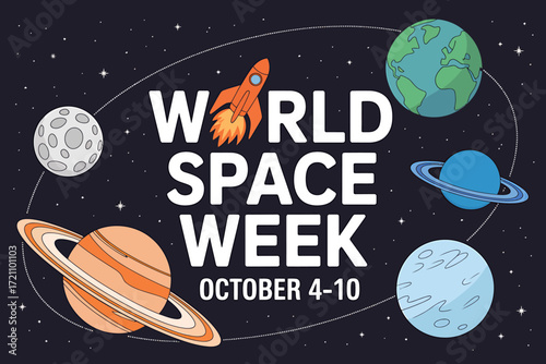 Celebrating World Space Week with planets moon and a rocket October 4 to 10 perfect for educational materials and festive space themed designs