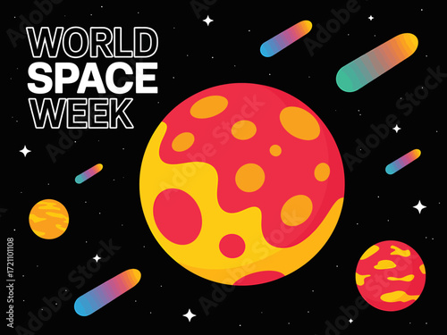Colorful World Space Week Illustration with Planets Stars and Comets Promoting Space Exploration and Scientific Discovery for Educational Purposes and Awareness Campaigns