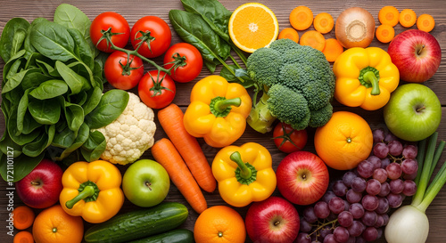 Vibrant Medley of Fresh Produce: A colorful array of fresh and organic fruits and vegetables, bursting with vitality and natural goodness, arranged artistically on a wooden surface.