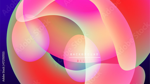 Abstract colorful shapes overlap, creating vibrant gradients. Background is black, design feels modern, fluid.