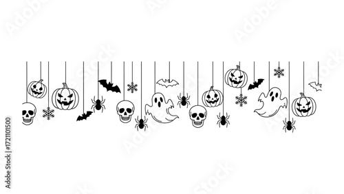 Spooky Halloween Decorations: An intricate array of Halloween decorations, featuring pumpkins, ghosts, skulls, spiders, bats, and stars, creates a captivating decorative display.
