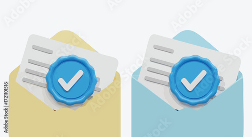 Securely approved mail with verified checkmark seals in cheerful yellow and blue envelopes, signifying successful communication and trusted delivery.