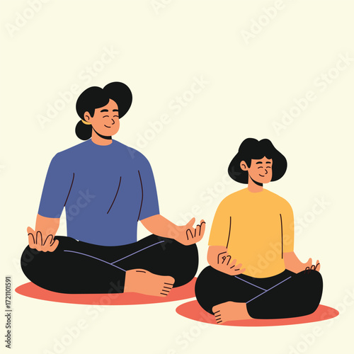 mother and child practicing calm meditation together on the floor at home illustration