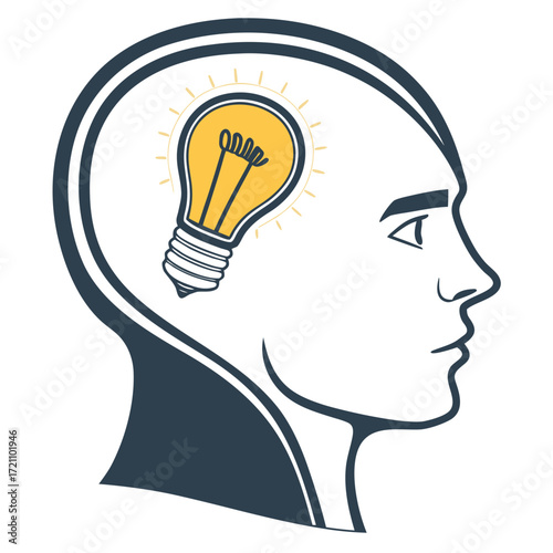 Vector illustration of a human head with a glowing light bulb, symbolizing creativity and innovative business solutions