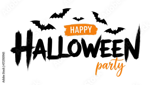 Happy Halloween Party: a festive Halloween party graphic with bat silhouette, in this image evokes anticipation for spooky, festive, joyful.