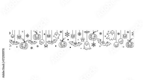Halloween Garland Illustration: A festive and whimsical Halloween garland illustration with grinning jack-o'-lanterns, spooky ghosts, and bats, setting a playful, spooky atmosphere.