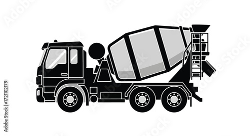 A detailed black silhouette of a concrete mixer truck, a heavy-duty vehicle used for transporting cement on construction sites.