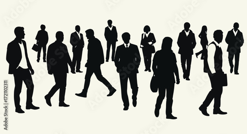 A black silhouette of a diverse crowd of people walking in various directions, representing community, population, and urban life.