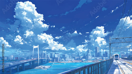 Vibrant cityscape with bridge and train under blue sky