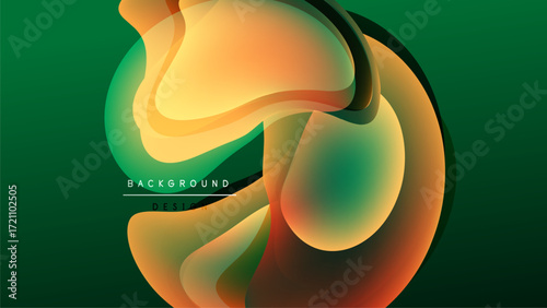 Abstract fluid shapes overlap, creating vibrant color gradients. Design features text elements against dark background.