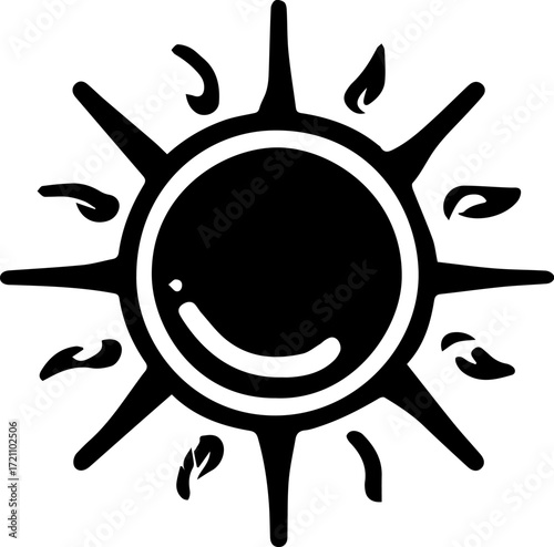 Sun with a smiling face. The sun is black and white