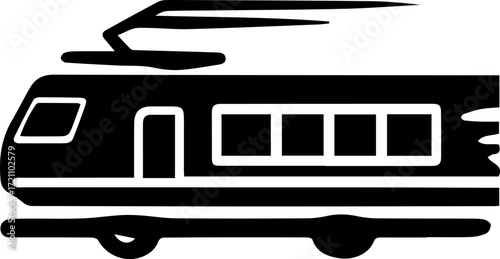 Black and white train with a white stripe. The train is moving and has a lot of windows