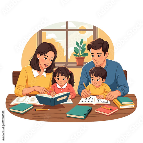 Happy Family Studying Together at Home Parents Helping Children with Homework