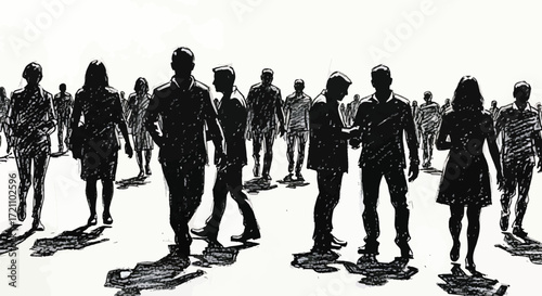 A stark black and white illustration of a crowd of people standing together with long, dramatic shadows stretching out behind them.
