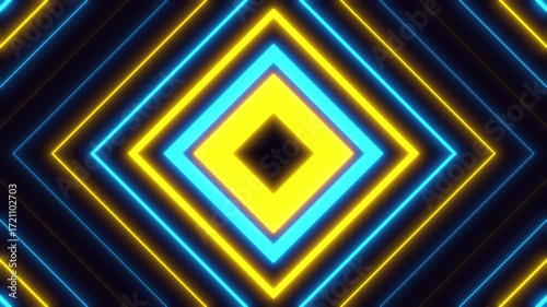Abstract neon geometric background with vibrant glowing squares and lines