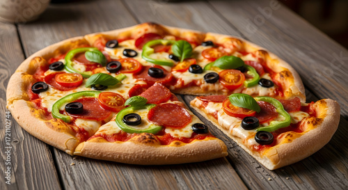 Delicious Pizza Feast: A freshly baked pizza, adorned with vibrant toppings like pepperoni, peppers, olives, and fresh basil, is served on a rustic wooden table, inviting a moment of culinary delight.