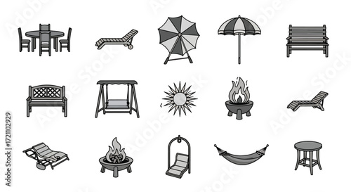 A collection of black and white icons representing outdoor patio and garden furniture, including benches, chairs, tables, and a grill.