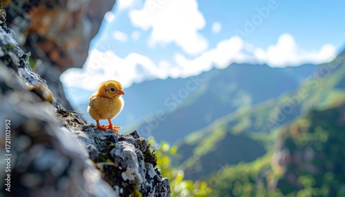 Fluffy Yellow Chickling on Mountain Rock