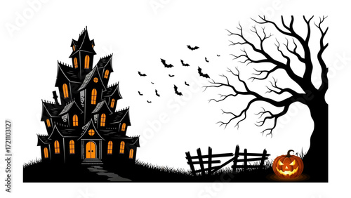 Haunted House Illustration: An intricately detailed haunted house illustration, evoking the eerie essence of Halloween.  Set against the night sky, it invites viewers into a world of spooky delight.