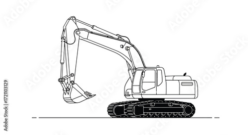 A minimalist black and white line art illustration of a heavy-duty excavator, a machine for digging on construction sites.